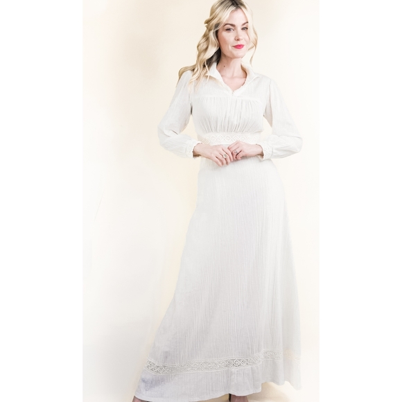 70s Ivory Cotton Gauze Crochet Trim VTG Maxi Dress - Picture 8 of 16